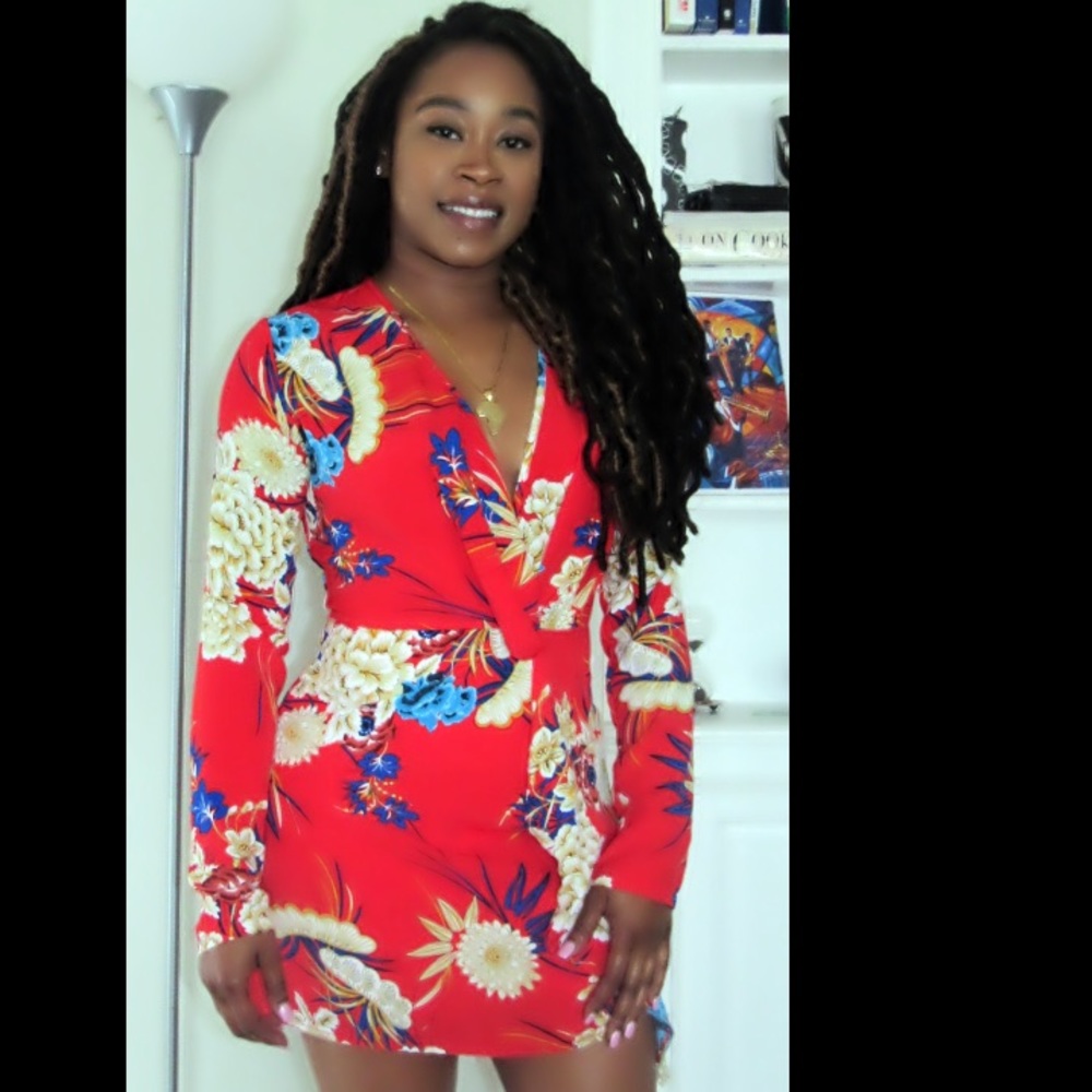 Red long sleeve floral dress